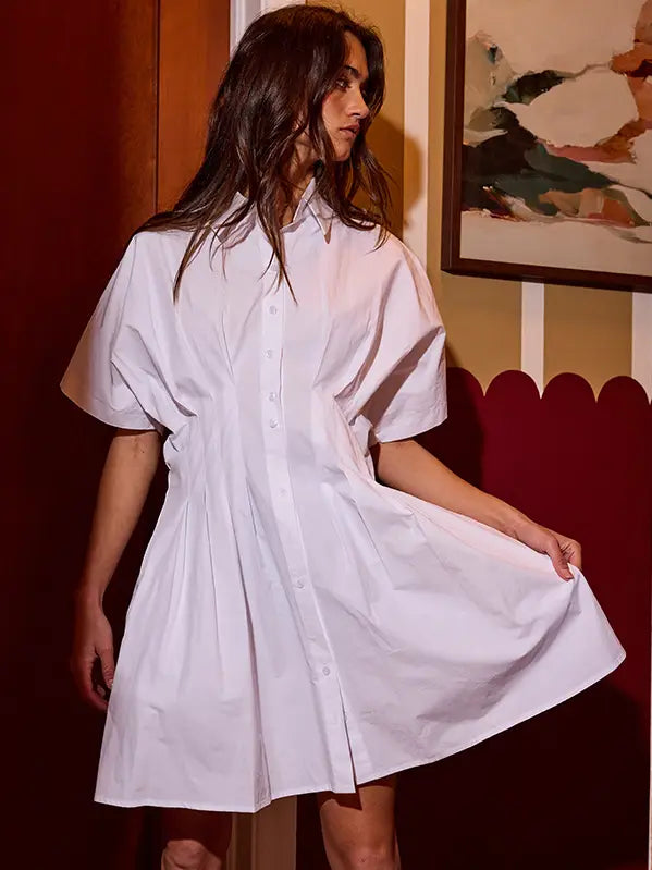 pleated tunic dress Bucketlist Poplin Button Front Pleated Shirt Dress White / L