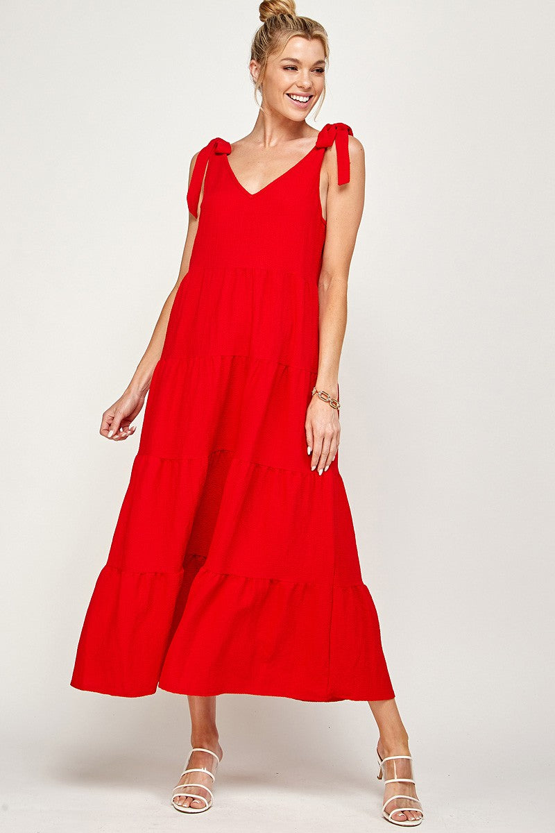 maxi dress with neck tie V Neck Tie Shoulder Maxi Dress Red / S