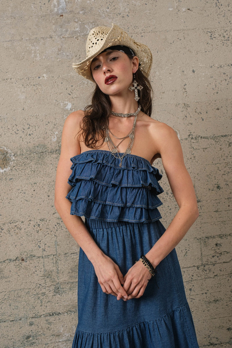 strapless denim dress with ruffle Light Wash Strapless Denim Ruffled Tube Mini Dress
