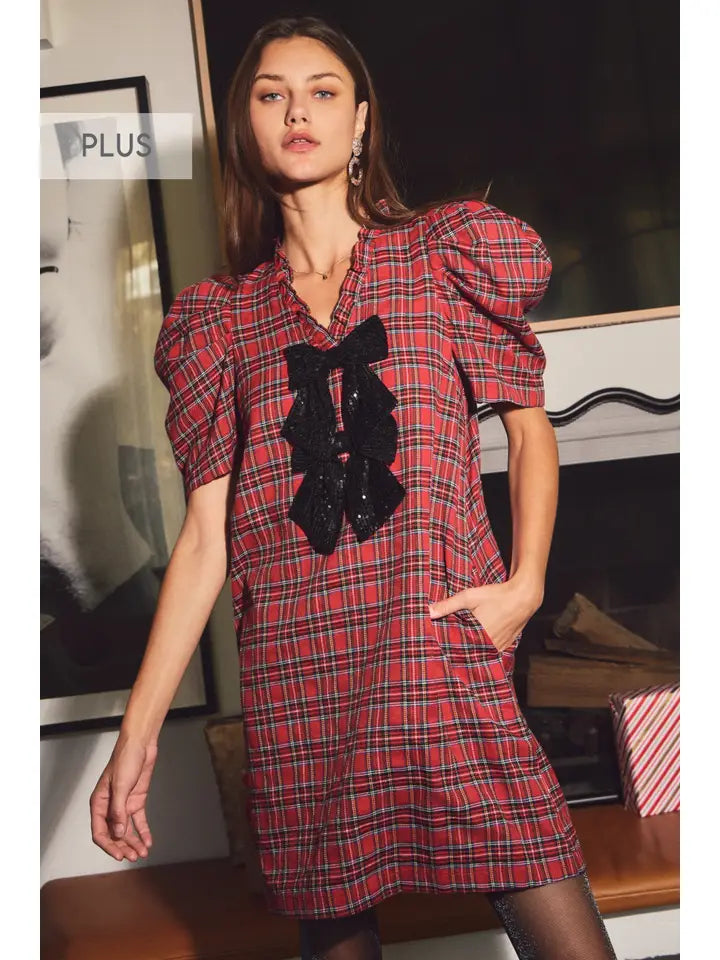 red plaid puff sleeve dress Wednesday's Girl textured Plaid Puff Sleeve Midaxi Dress in Red
