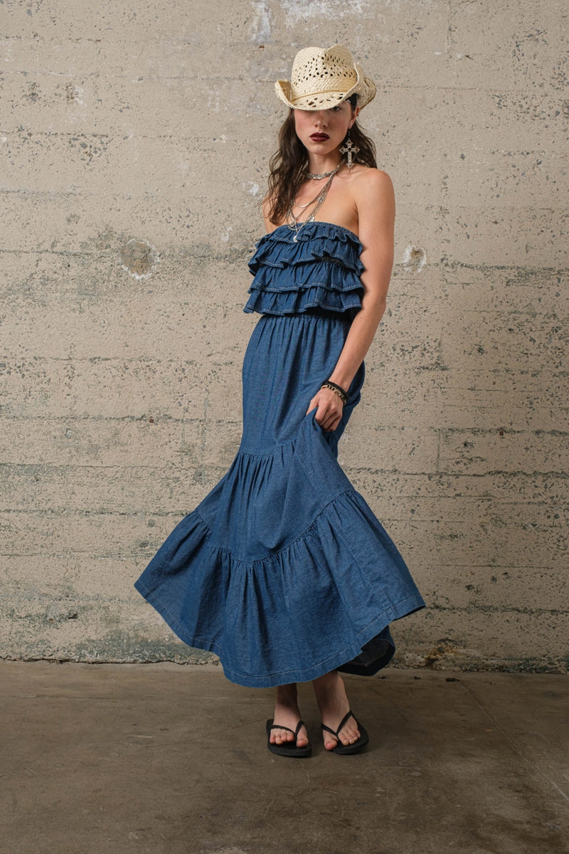 Denim Ruffle Strapless Top– Greige Goods