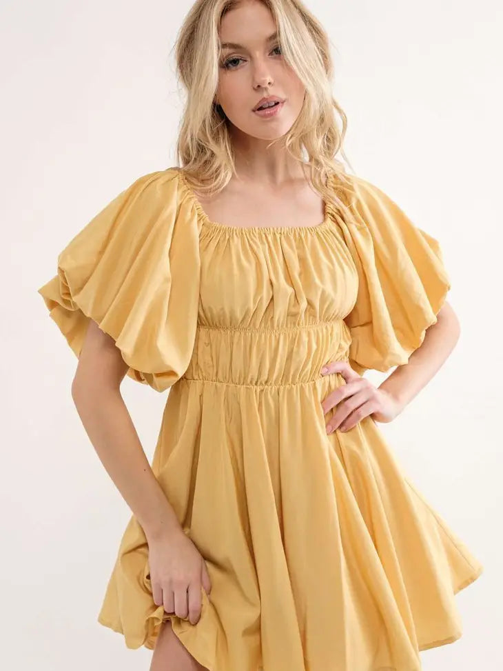 yellow puff sleeve mini dress Puff Sleeve Mini Dress S