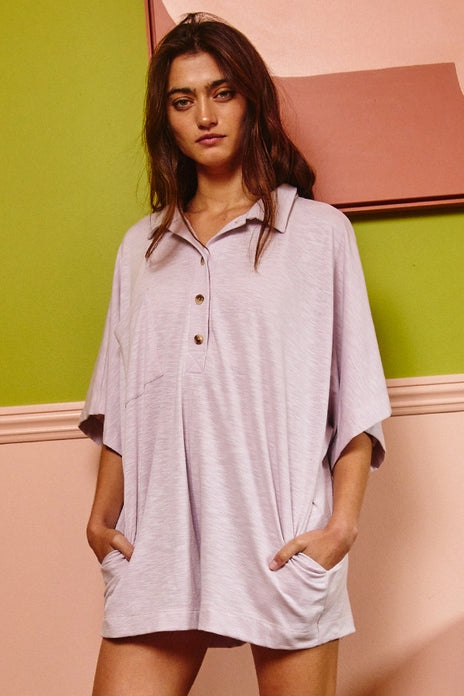 Oversized Button Up Collard Solid Jersey Romper M