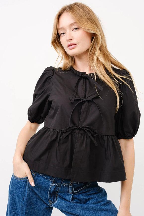 Poplin Front Bow Puff Sleeve Top - Greige Goods