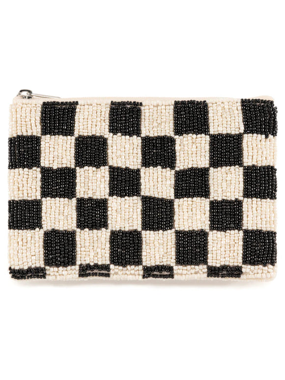 Checks Beaded Zip Pouch - Greige Goods