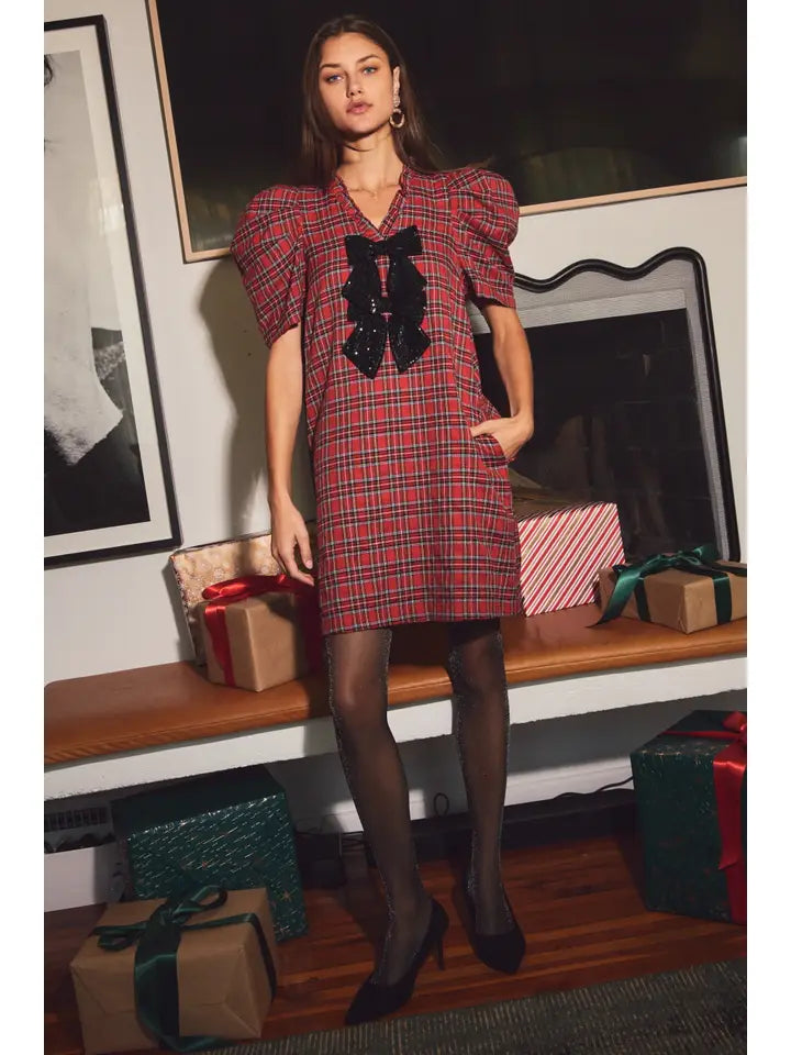 fitted lace wedding dress Entro Red Plaid Puff Sleeve Mini Dress with Front Zip