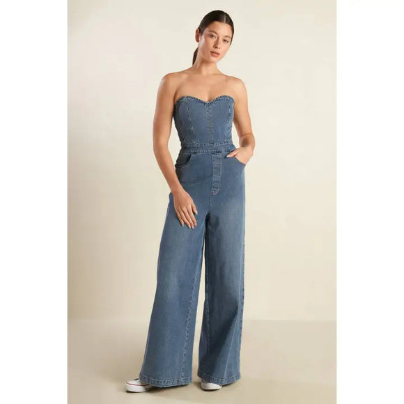 Sweetheart Neckline Denim Jumpsuit