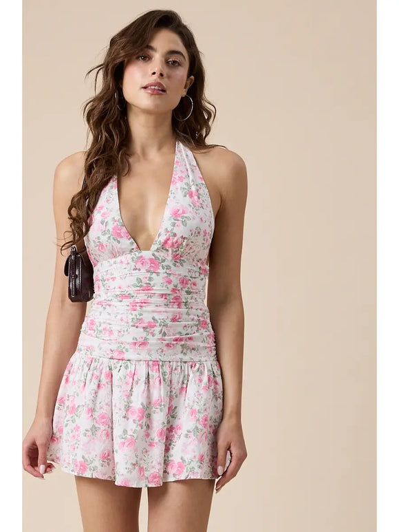 Floral Halter Mini Dress - Greige Goods