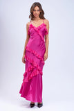 Satin Ruffle Trim Maxi Dress