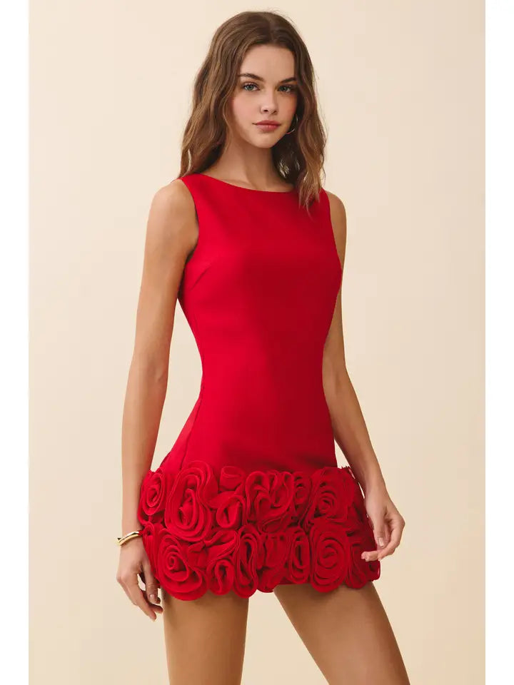 red 3d flower bodice mini dress Floral 3D Rosette Hem Mini Red / L