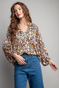 Printed Multicolor Long Sleeve Blouse - Greige Goods