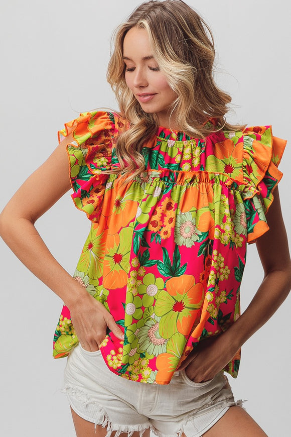 Bright Floral Ruffle Blouse - Greige Goods