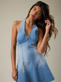 Halter Neck Denim Mini Dress - Greige Goods