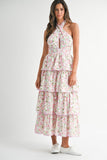 Floral Halter Neck Tiered Midi Dress - Greige Goods