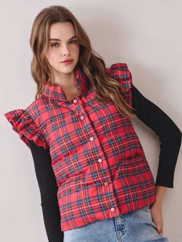 Plaid Ruffle Puffer Vest