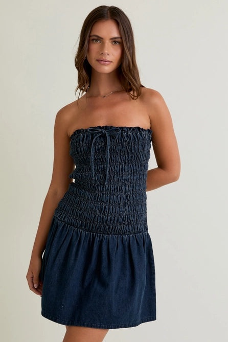 Smocked Denim Tube Dress - Greige Goods