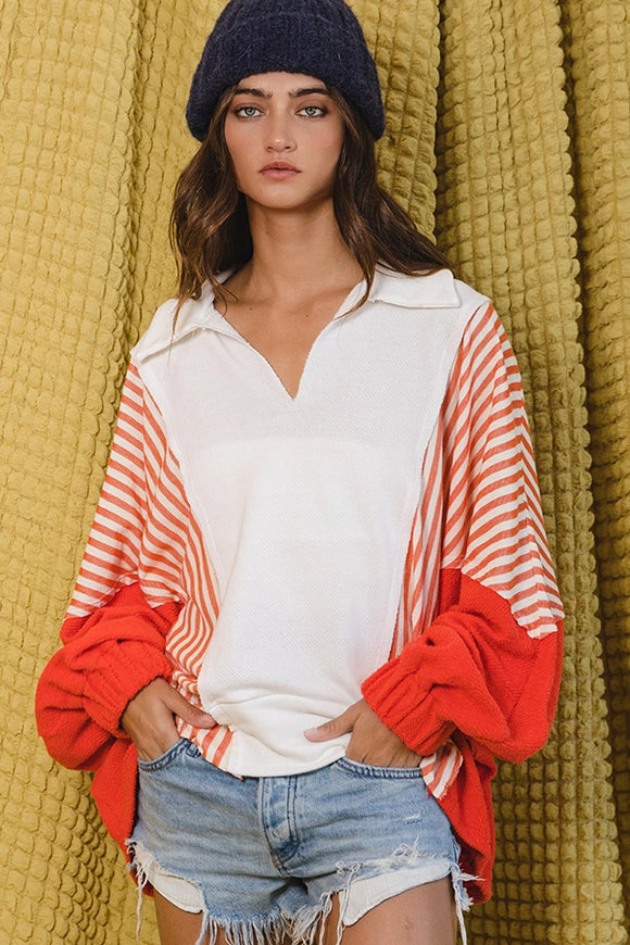 Striped Oversized Spread Collared Top