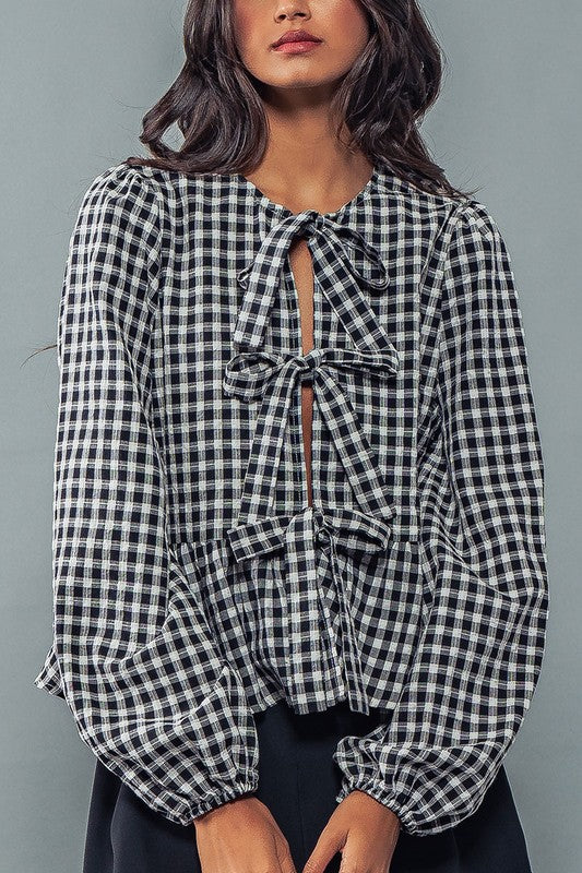 Gingham Babydoll Bow Tie Top