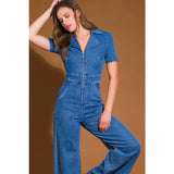 Collared Zip Up Denim Jumpsuit