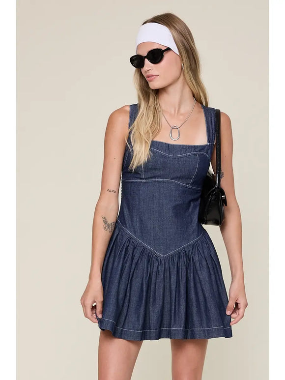 denim smocked mini dress Morgan Denim Smocked Mini Dress Denim / L