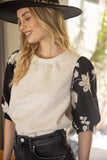 Floral Embroidered Contrast Puff Sleeve Top