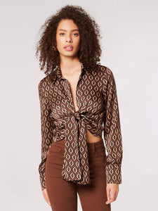 Geo Print Tie Front Shirt - Greige Goods