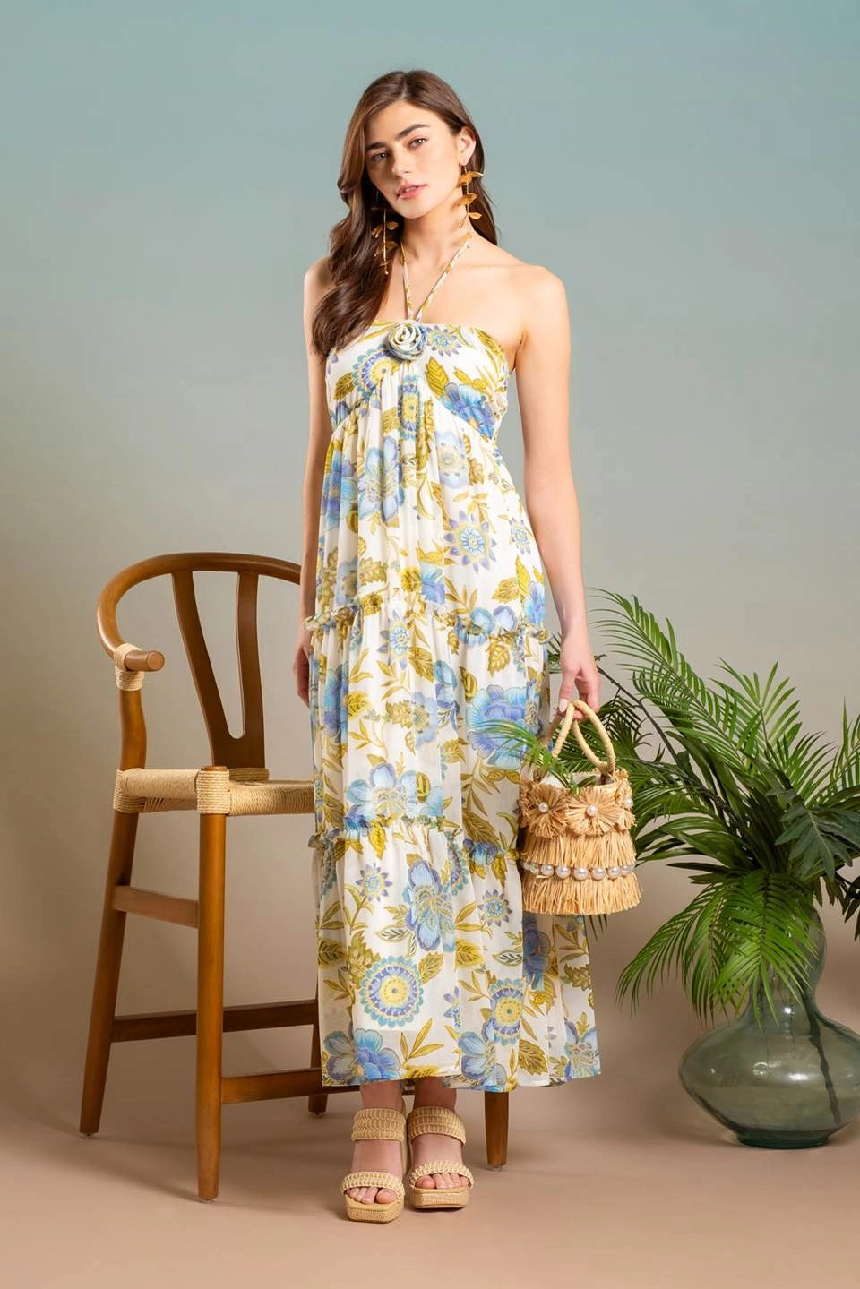 Floral Rosette Halter Midi Dress Floral Rosette Halter Midi Dress
