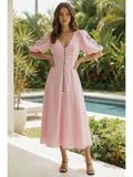 Embroidered Puff Sleeve Dress - Greige Goods