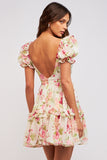 Floral Puff Sleeve Mini Dress - Greige Goods