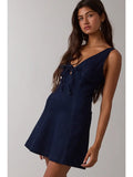Denim V-Neck Front Tie Mini Dress
