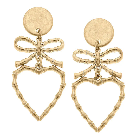 Avie Heart & Bow Drop Earrings in Worn Gold - Greige Goods
