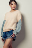 Denim Sleeve Two Tone Knit Sweater