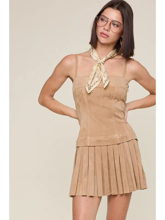 Suede Pleated Mini Dress - Greige Goods