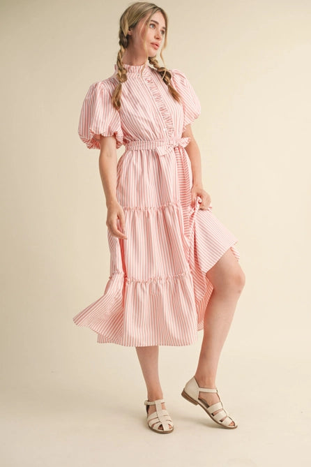 Striped Ruffle Button Down Midi - Greige Goods