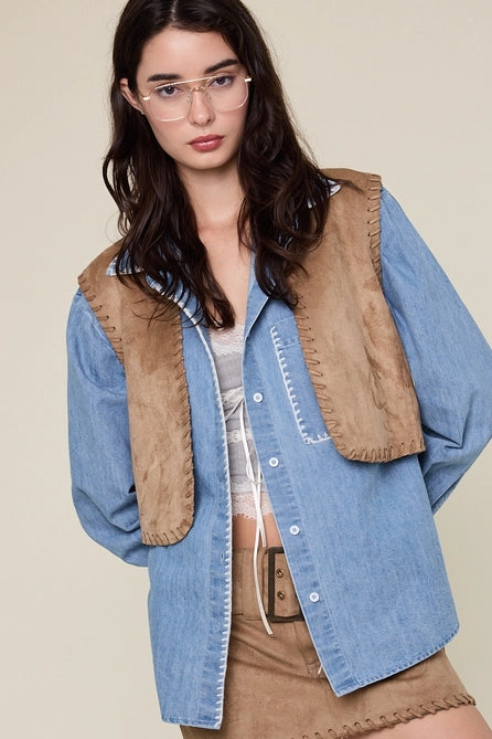 Suede Stitching Point Vest - Greige Goods