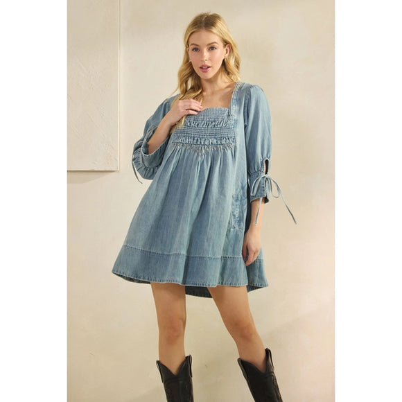 Denim Smocked Babydoll Mini - Greige Goods