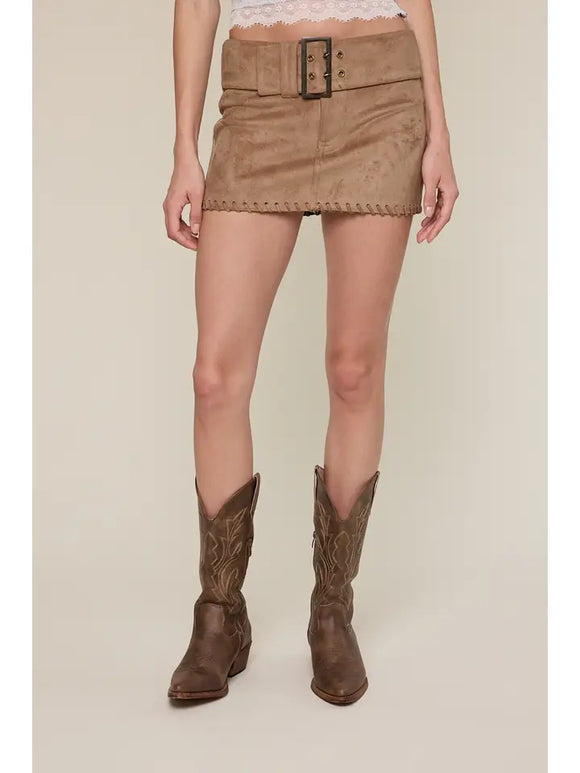 Suede Buckle Mini Skirt - Greige Goods