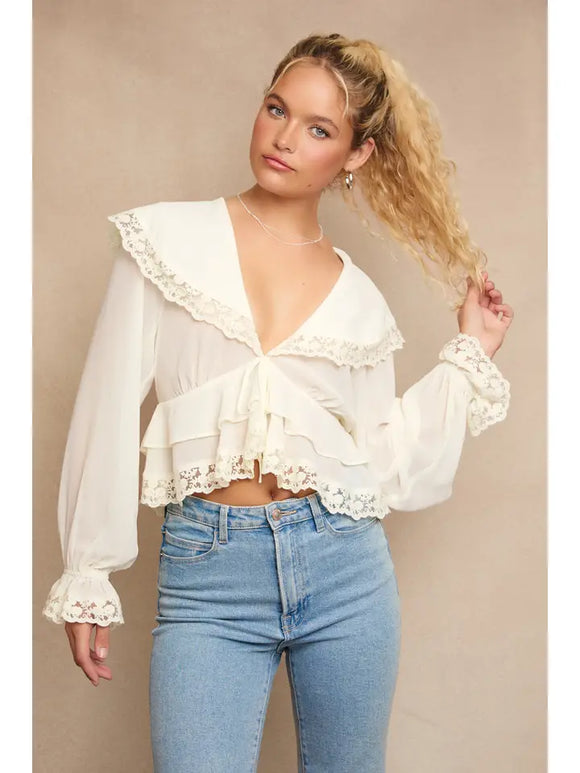 Chiffon Top W/ Lace Detail - Greige Goods