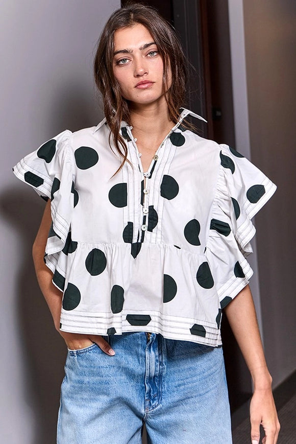 Ruffle Sleeves Polka Dot Print Top