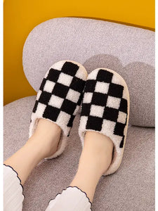 Checkered Faux Fur Slipper - Greige Goods