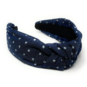 Blue Polka Denim Knot Headband