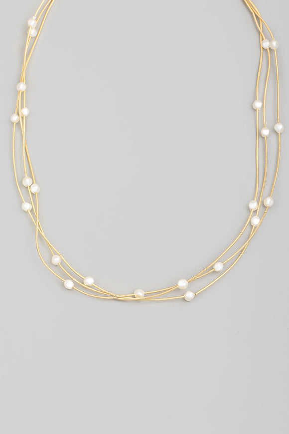 Layered Pearly Beaded Metallic Rope Chain Necklace