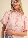 Striped Ruffled Blouse - Greige Goods