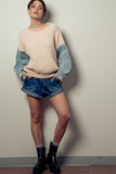 Denim Sleeve Two Tone Knit Sweater