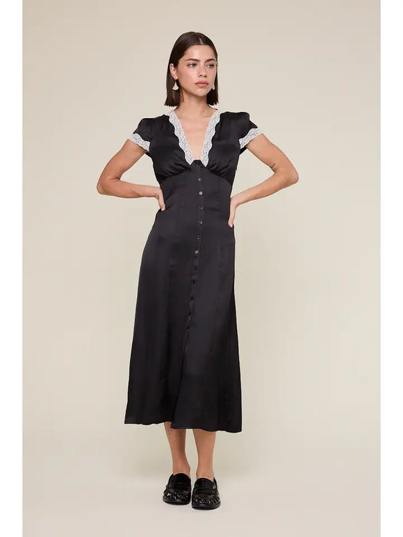 Satin Lace Trim Midi Dress - Greige Goods