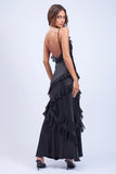 Satin Ruffle Trim Maxi Dress