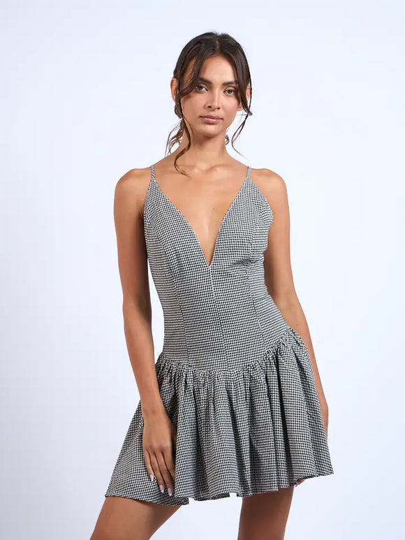 Checker Drop Waist Mini Dress - Greige Goods
