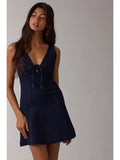 Denim V-Neck Front Tie Mini Dress
