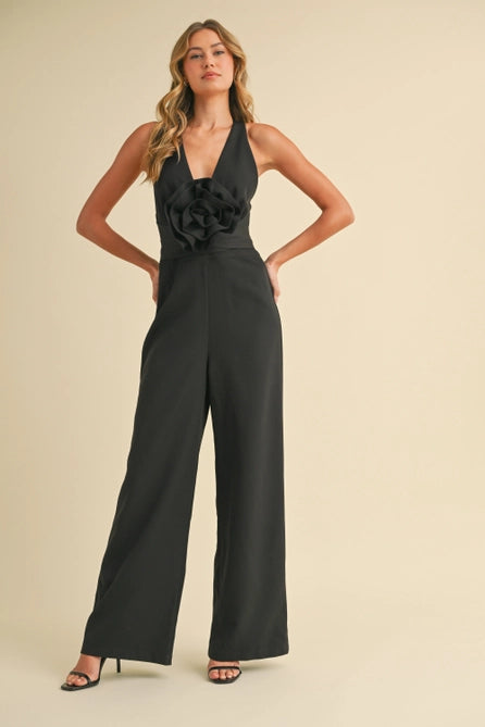 Rosette Plunge Neck Jumpsuit - Greige Goods