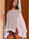 Hi-Low Hem Stripe Terry Top - Greige Goods